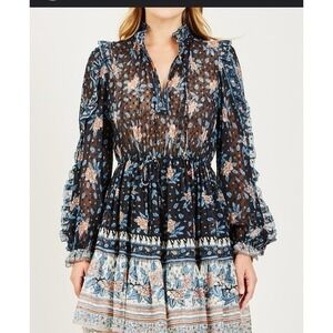 Ulla Johnson‎ Dani Dress Floral Silk Long Sleeve Ruffle Mini SZ 2 Boho Cottage